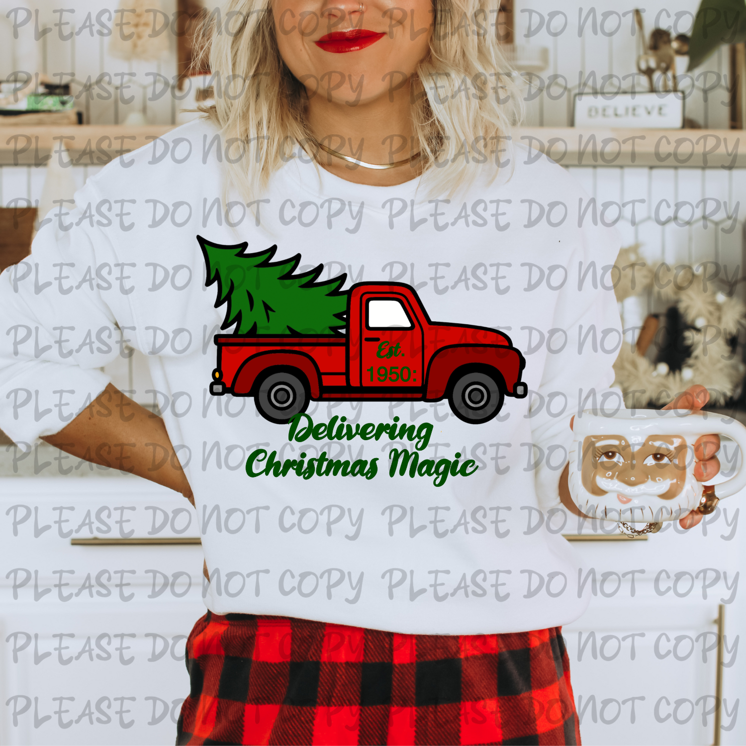Person wearing a shirt with a Christmas truck graphic and text, standing in a room with a dog.